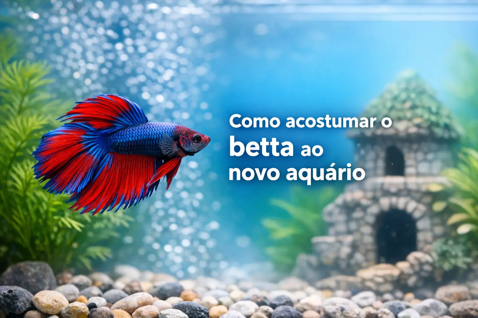 Betta azul e vermelho nadando em aquário com plantas e castelo