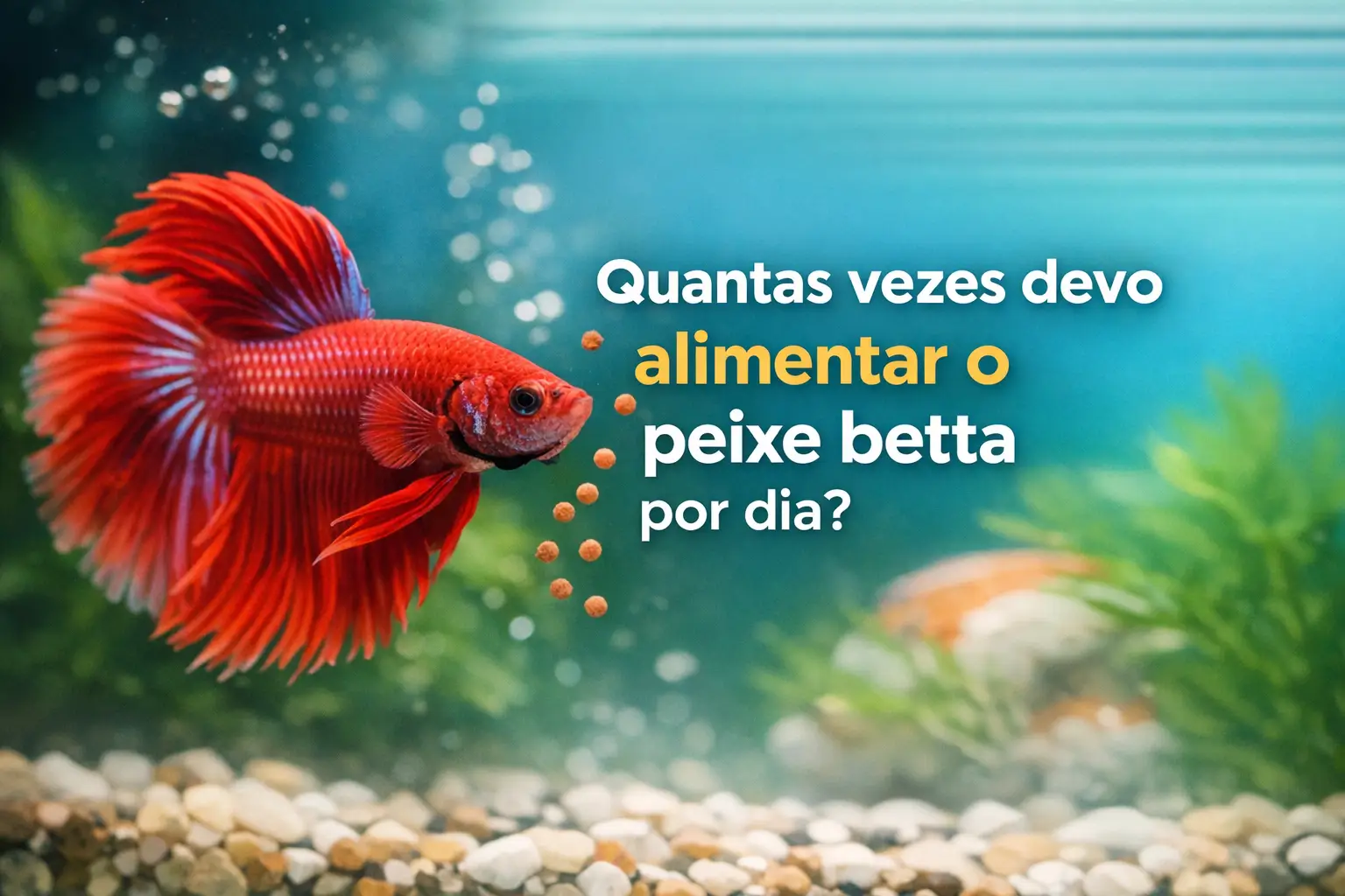 Peixe betta vermelho nadando em aquário com plantas e texto em português