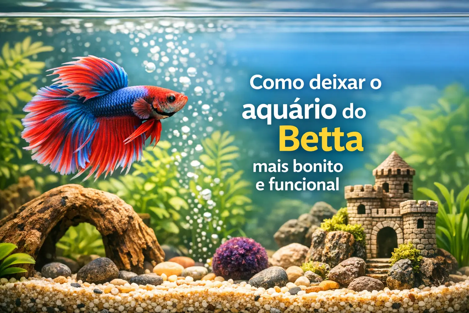 Betta peixe com nadadeiras vermelhas e azuis em aquário decorado com pedras e plantas