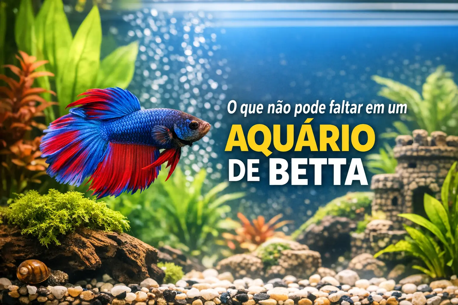 Aquário com Betta azul e vermelho nadando com plantas e pedras