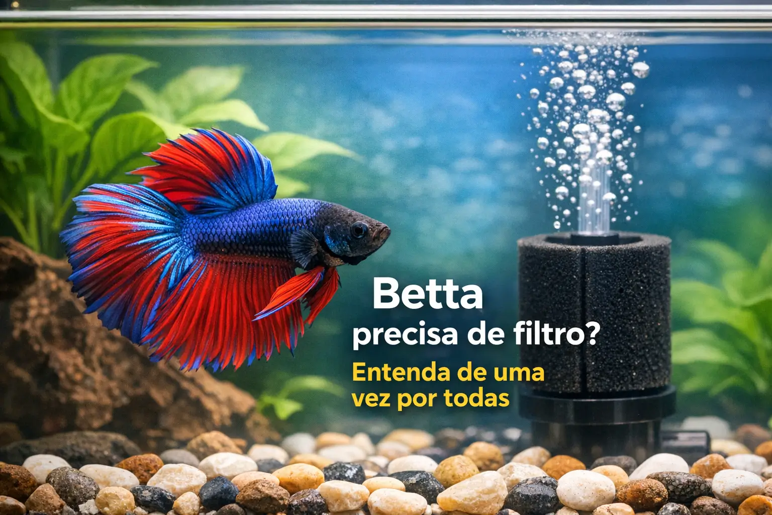 Betta com nadadeiras azuis e vermelhas em aquário com filtro e plantas