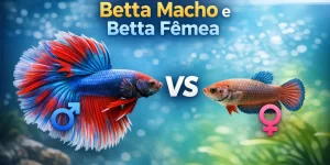 Diferença entre Betta macho colorido e Betta fêmea menos vibrante em cena subaquática