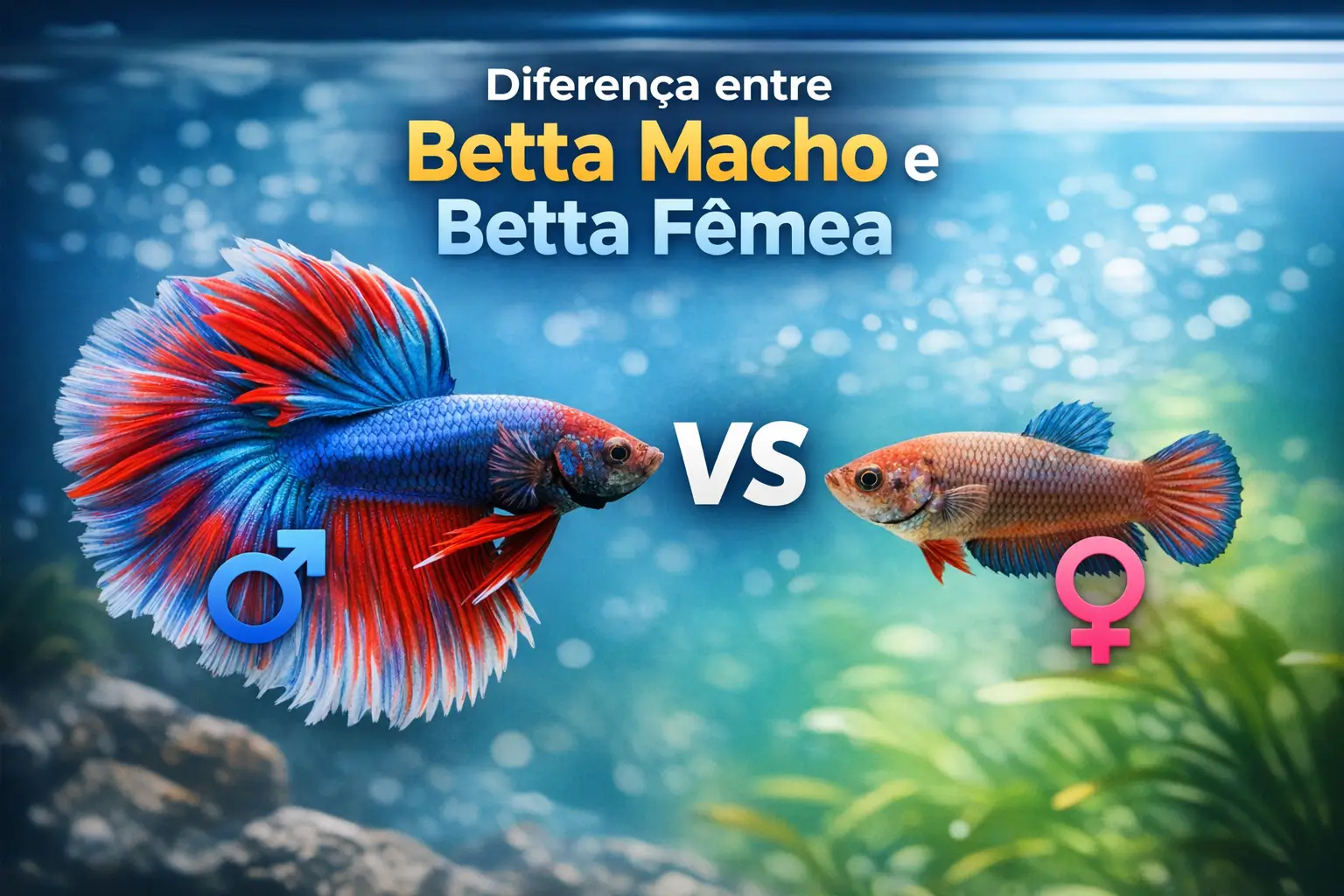Diferença entre Betta macho colorido e Betta fêmea menos vibrante em cena subaquática