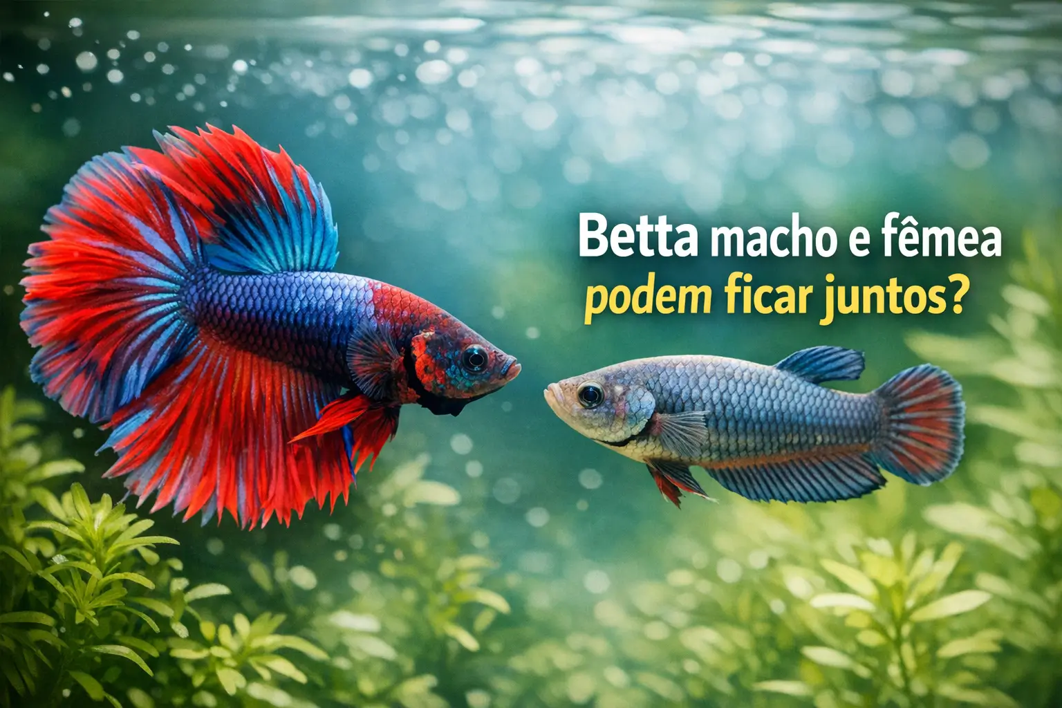 Betta macho azul e vermelho nadando ao lado de uma fêmea cinza em aquário