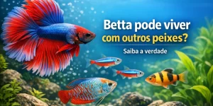Peixe Betta vermelho e azul com outros peixes coloridos em fundo aquático