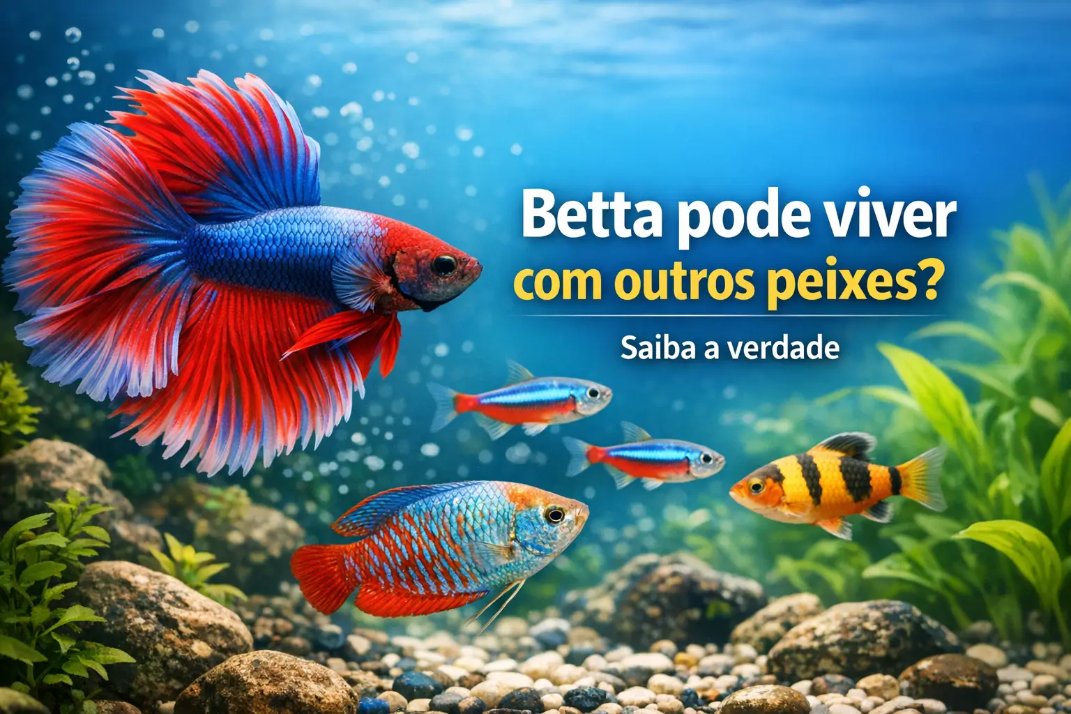Peixe Betta vermelho e azul com outros peixes coloridos em fundo aquático