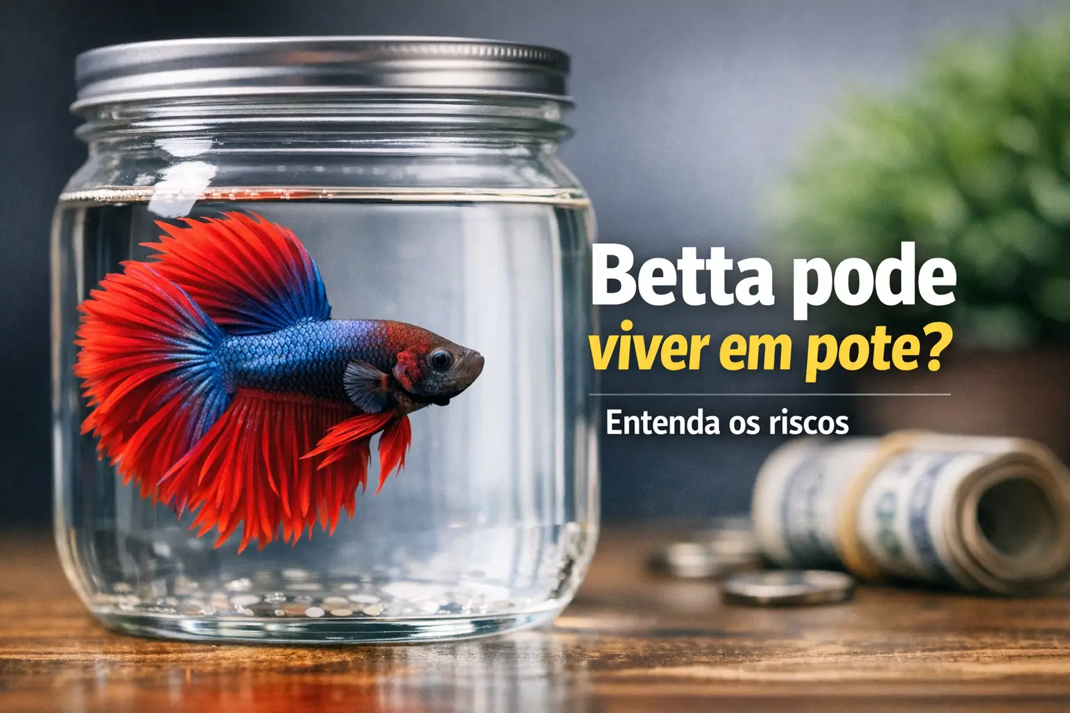 Betta azul com nadadeiras vermelhas nadando em pote de vidro com fundo casual