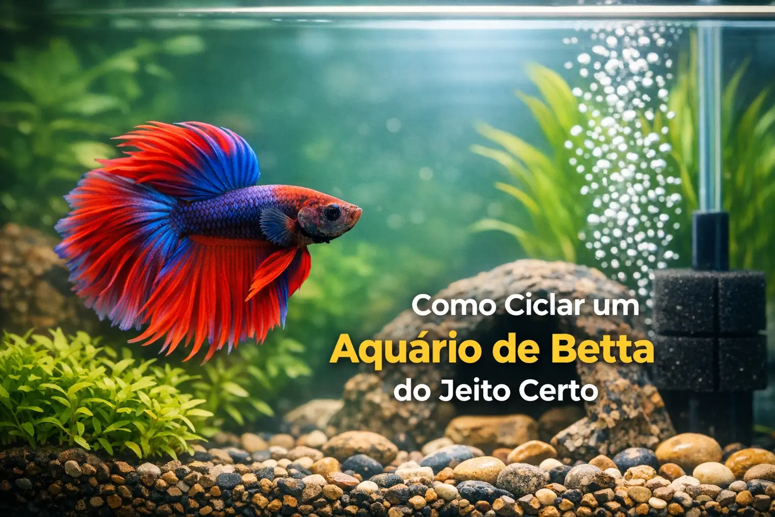 Betta azul e vermelho em aquário com plantas e bolhas, texto 'Como Ciclar um Aquário de Betta do Jeito Certo'.