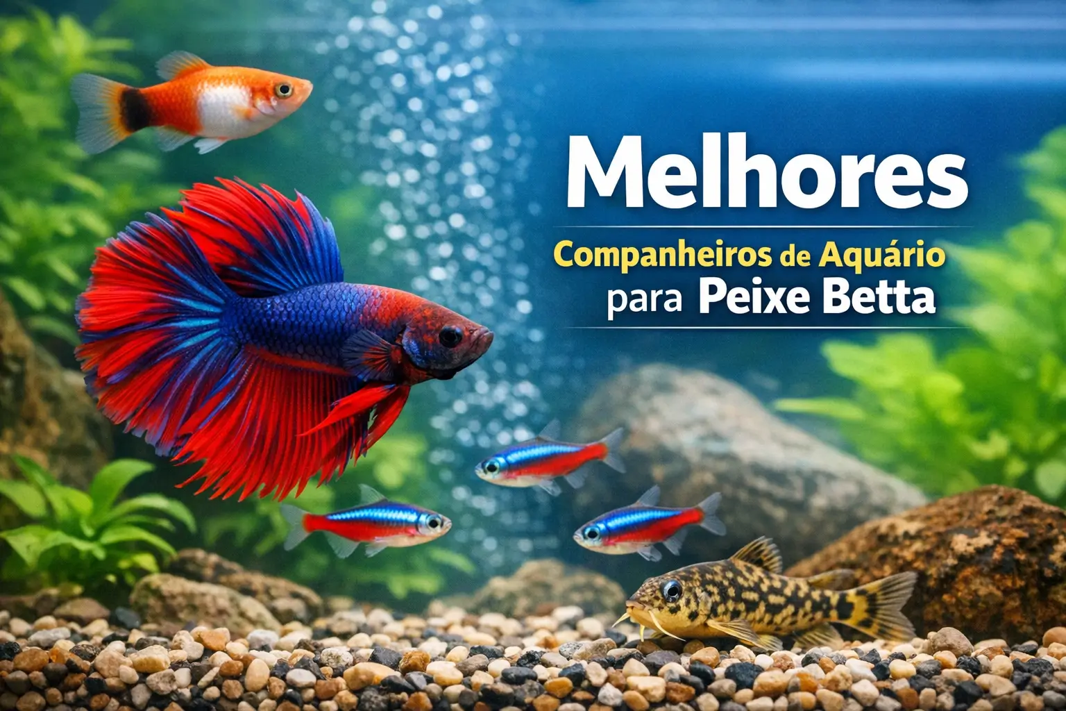 Cena de aquário com Betta vermelho e azul cercado por peixes coloridos