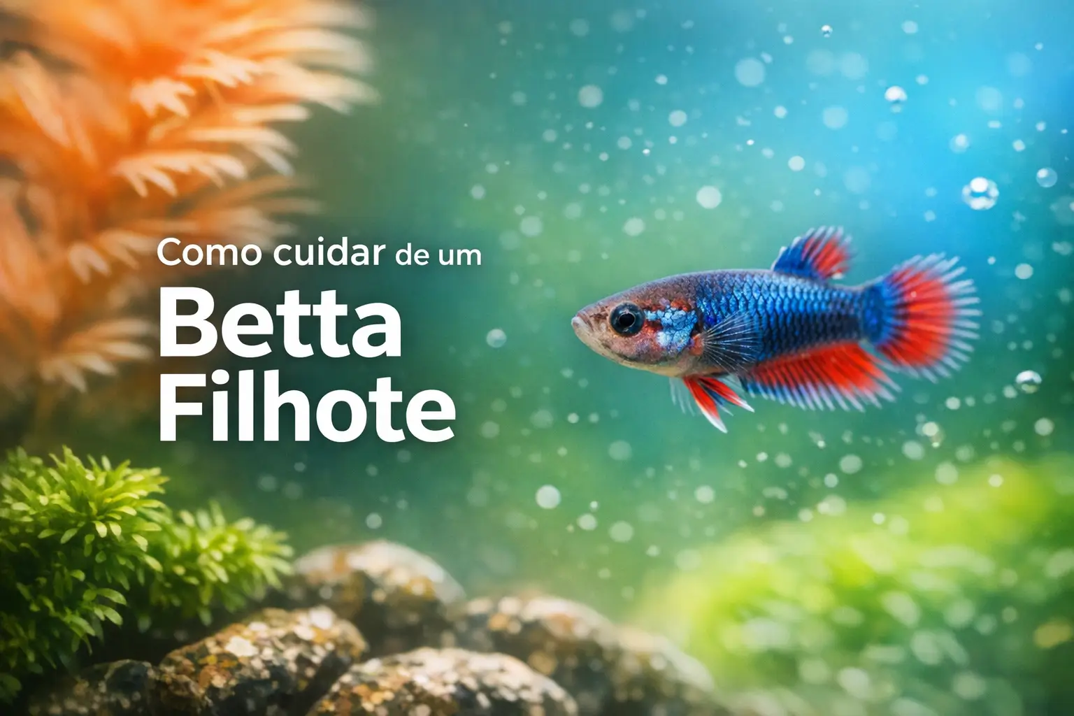 Betta colorido nadando em aquário com plantas verdes e texto 'Como cuidar de um Betta Filhote'