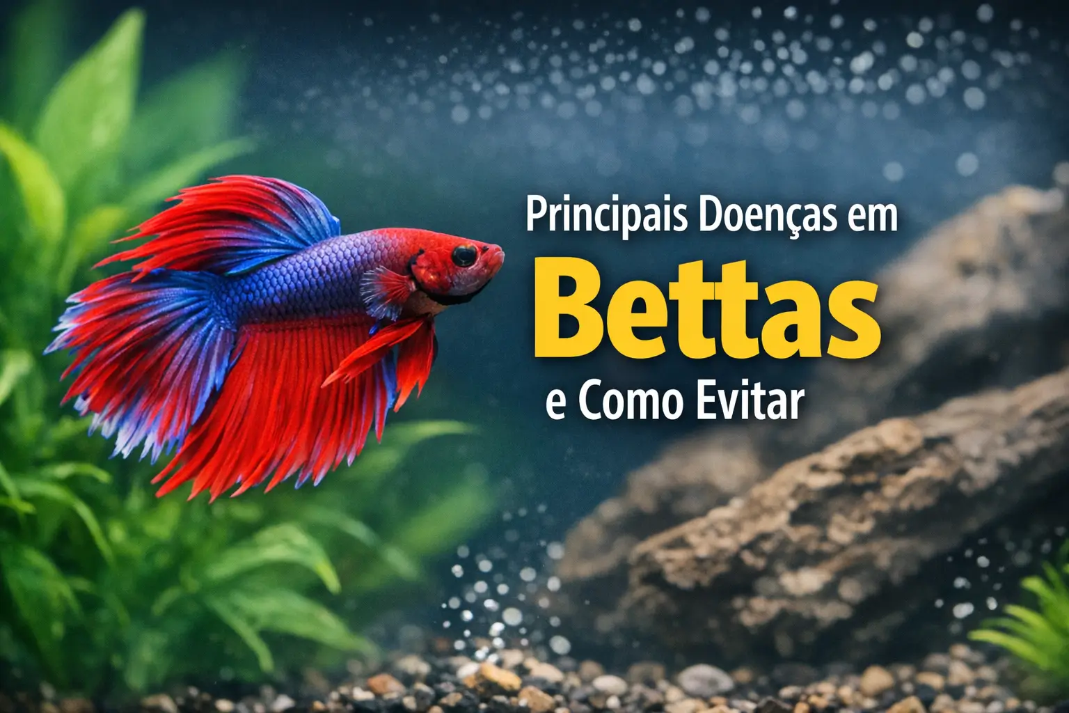Betta vermelho e azul nadando em aquário com plantas e bolhas