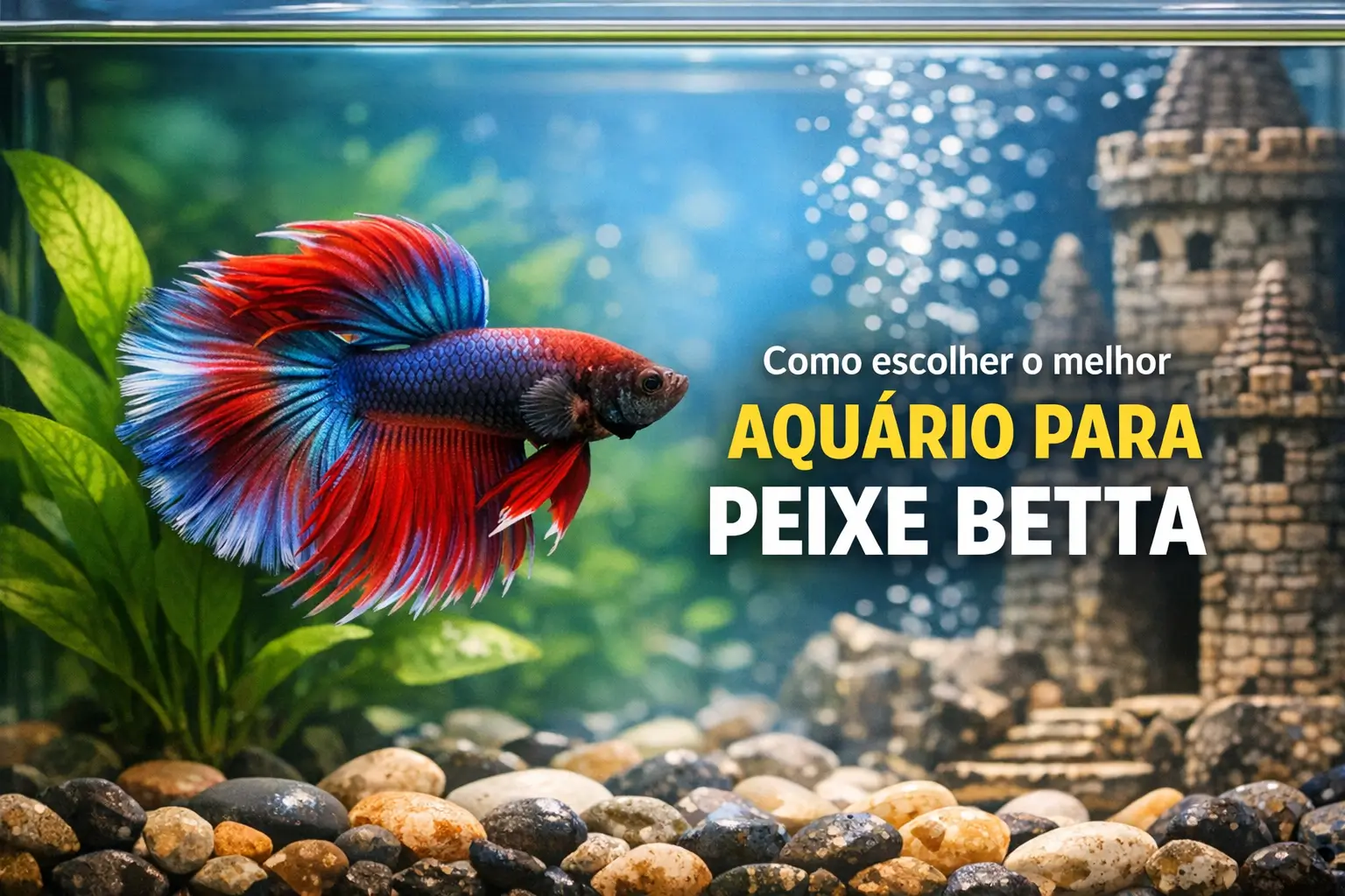 Peixe Betta vermelho, azul e branco em aquário com plantas e castelo decorativo