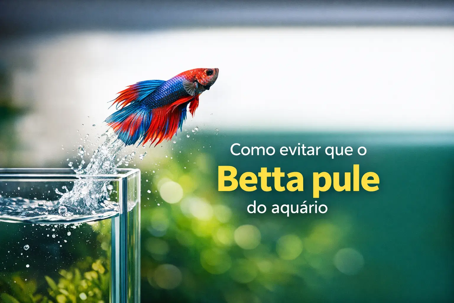 Betta azul e vermelho saltando de aquário com água espirrando