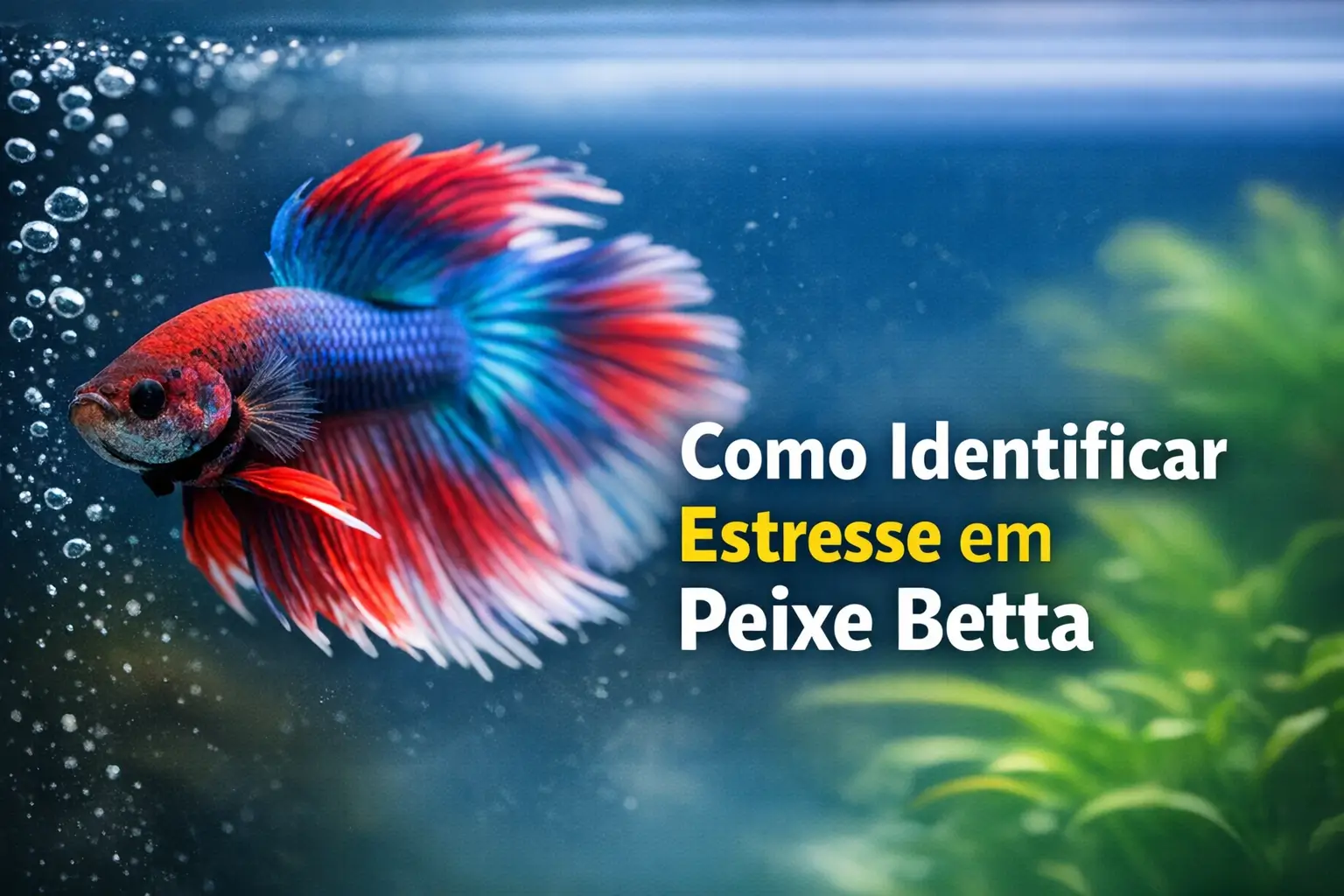 Peixe Betta colorido nadando em aquário com plantas e bolhas