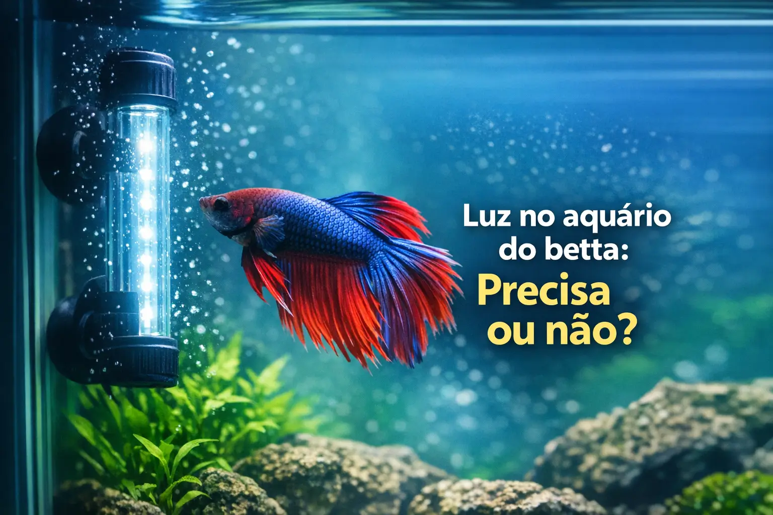 Betta colorido com luzes no aquário e vegetação, 2026.