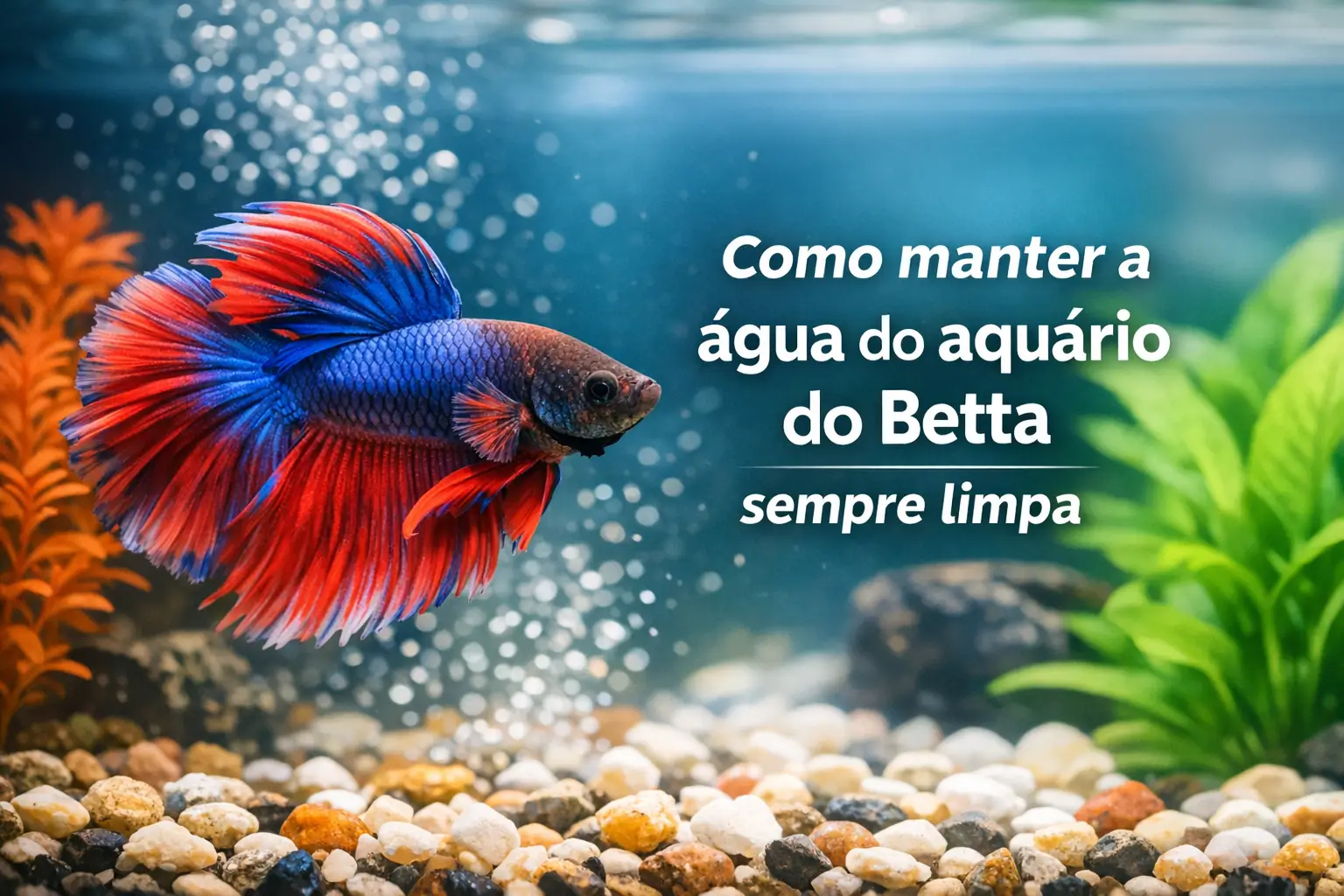 Betta azul e vermelho nadando em aquário com plantas e bolhas