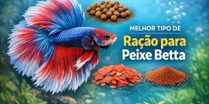 Betta azul e vermelho nadando com rações ao redor na água