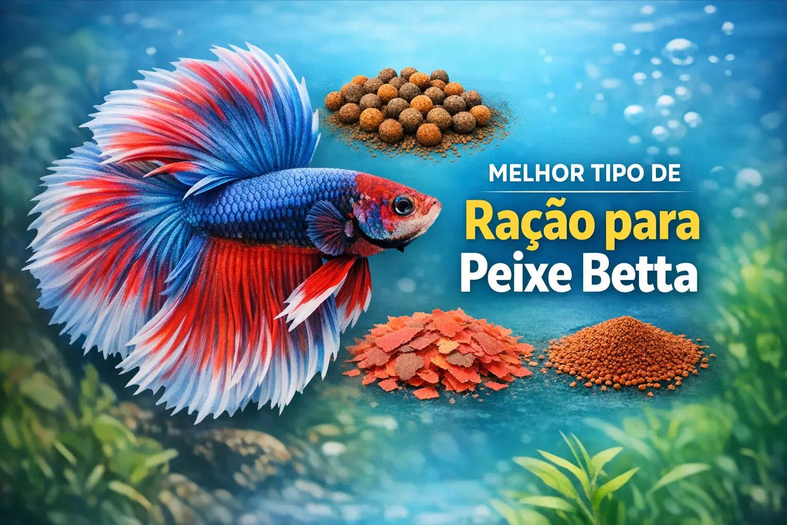 Betta azul e vermelho nadando com rações ao redor na água