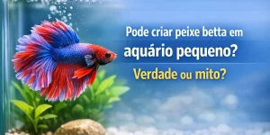 Peixe betta azul e vermelho nadando em aquário pequeno com plantas aquáticas