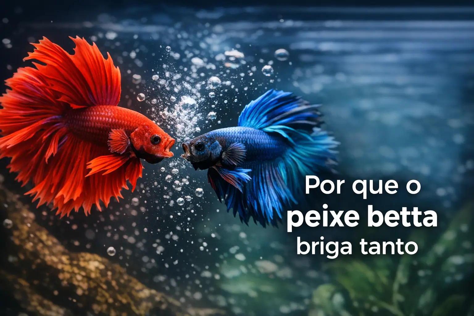 dois peixes betta, vermelho e azul, nadando em cena subaquática dinâmica