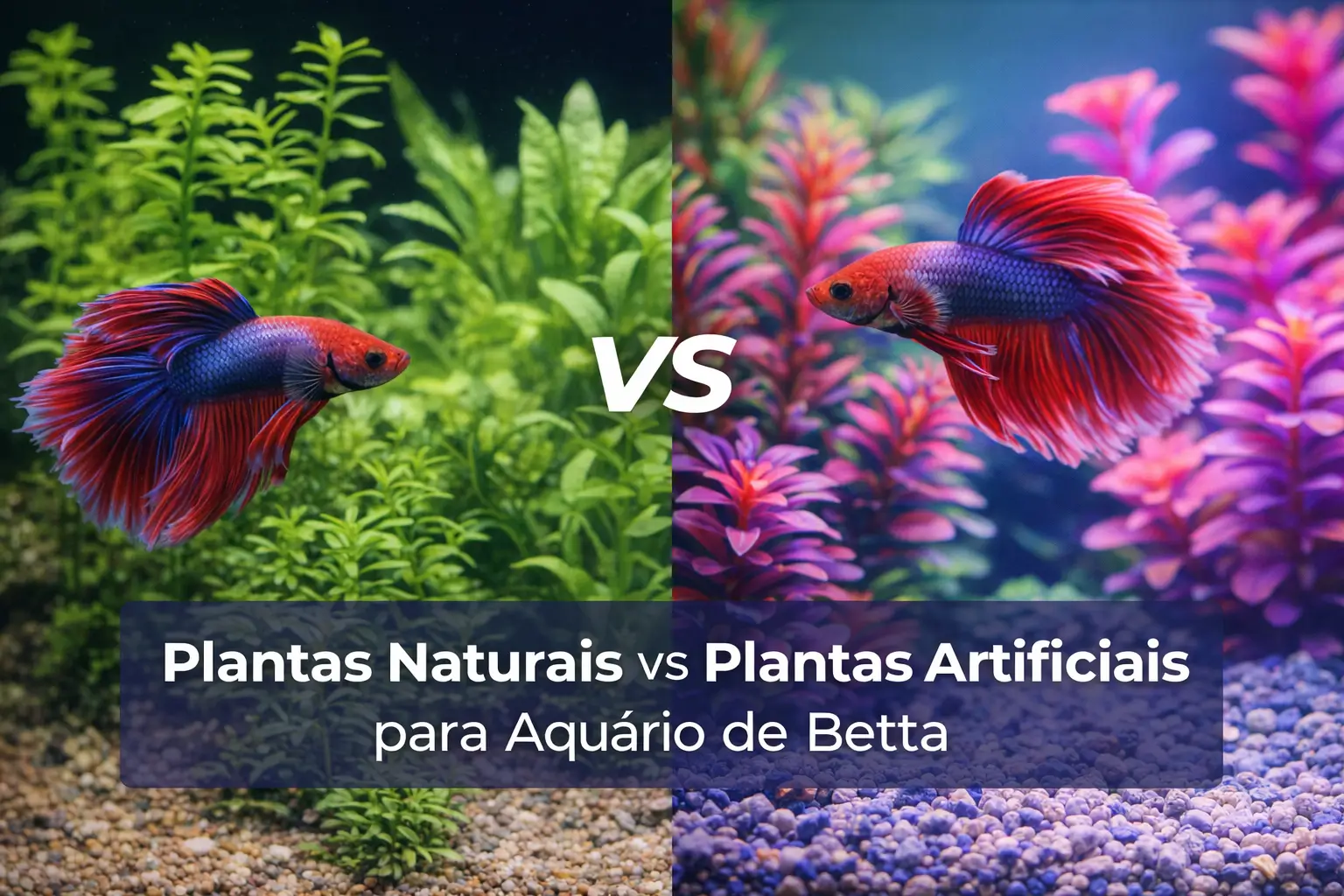 Betta em aquário com plantas naturais e artificiais comparadas
