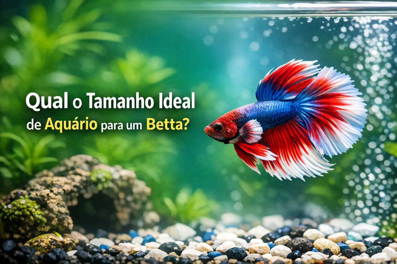 Peixe Betta colorido em aquário com plantas e pergunta sobre tamanho ideal.