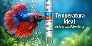 Peixe betta com nadadeiras vibrantes ao lado de termômetro submerso marcando 22°C a 24°C.