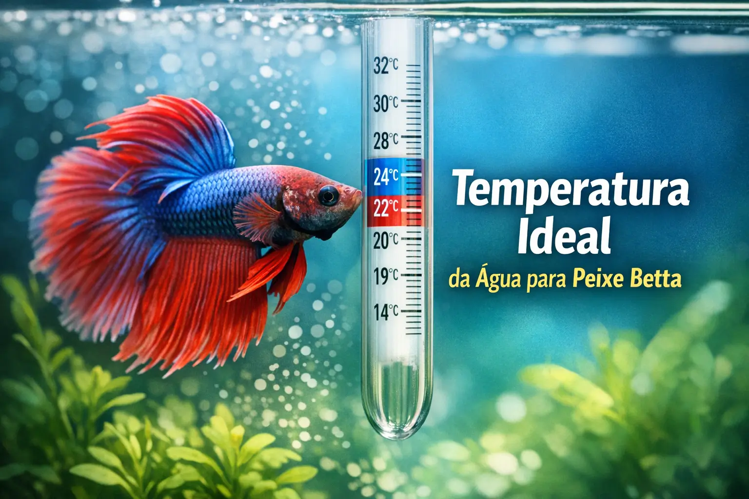 Peixe betta com nadadeiras vibrantes ao lado de termômetro submerso marcando 22°C a 24°C.