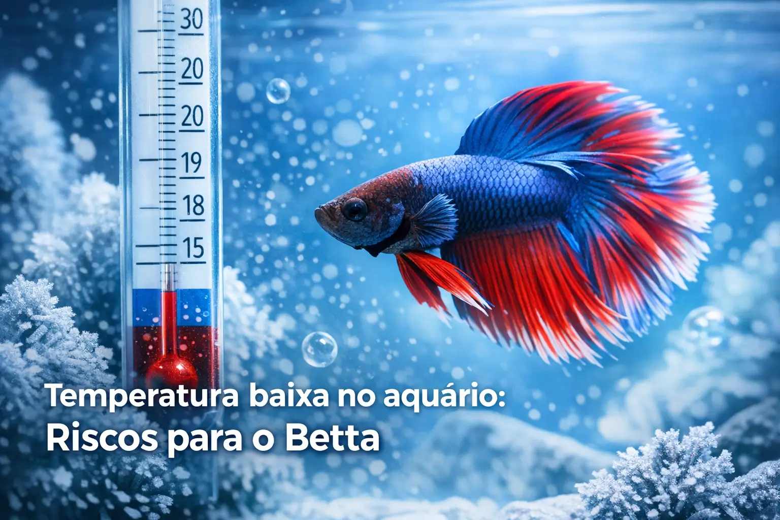 Betta fish de cores vibrantes nadando em aquário com termômetro e bolhas
