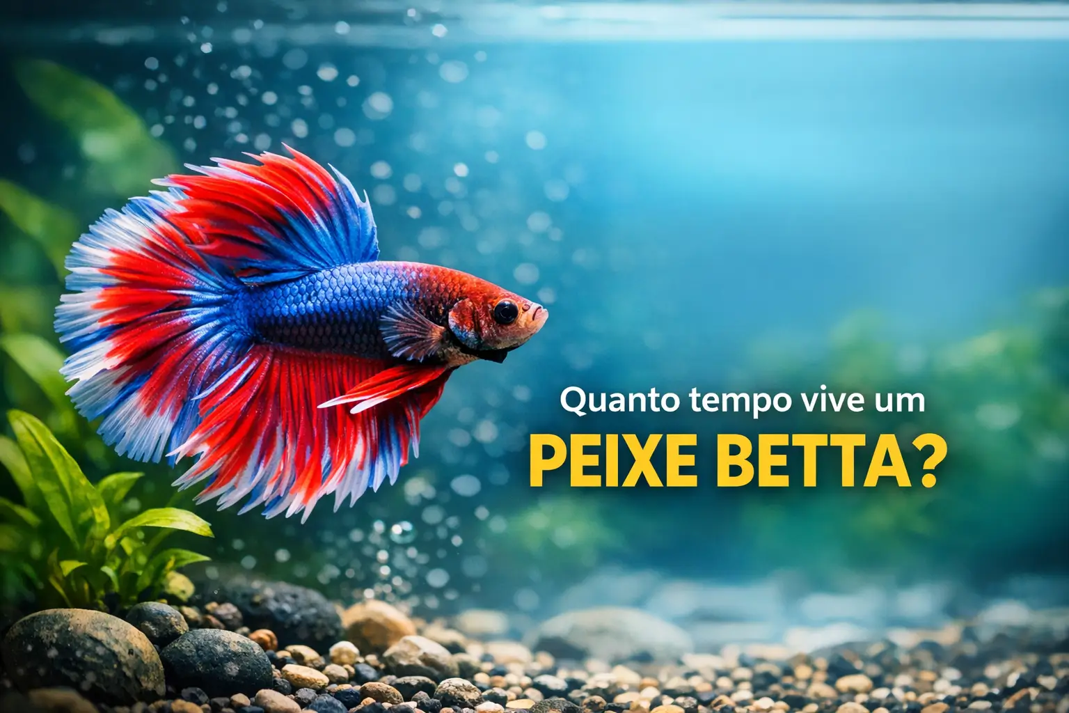 Peixe betta com barbatanas azuis e vermelhas em água clara