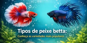 Peixe betta azul e vermelho em aquário com plantas e bolhas