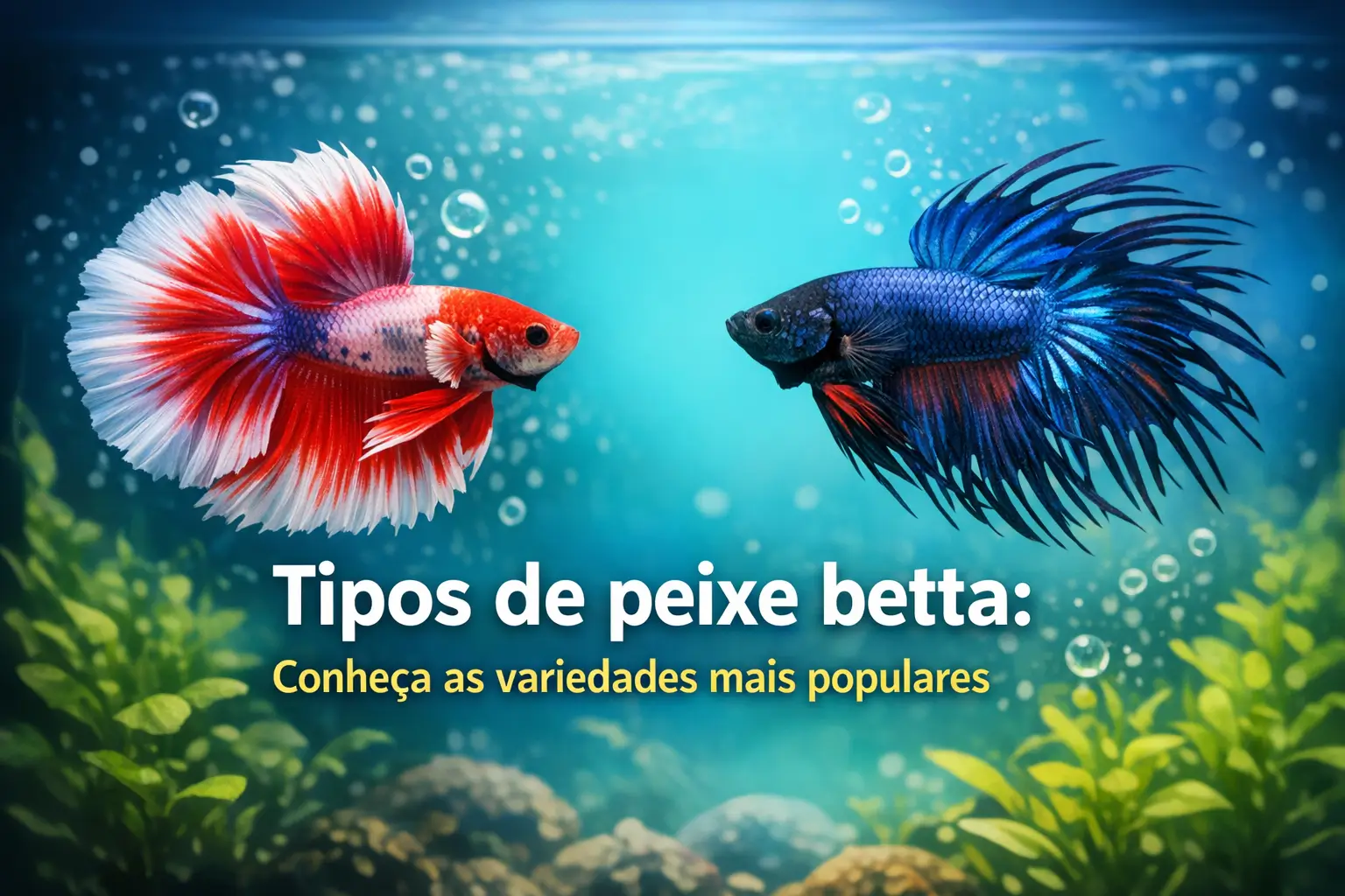 Peixe betta azul e vermelho em aquário com plantas e bolhas